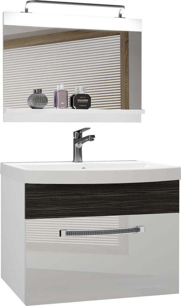 BELINI Badmöbel Vollausstattung Set Waschbeckenschrank, Waschbecken, Spiegel, Lampe (Weiß / Heban Royal, Glänzend und Matt)