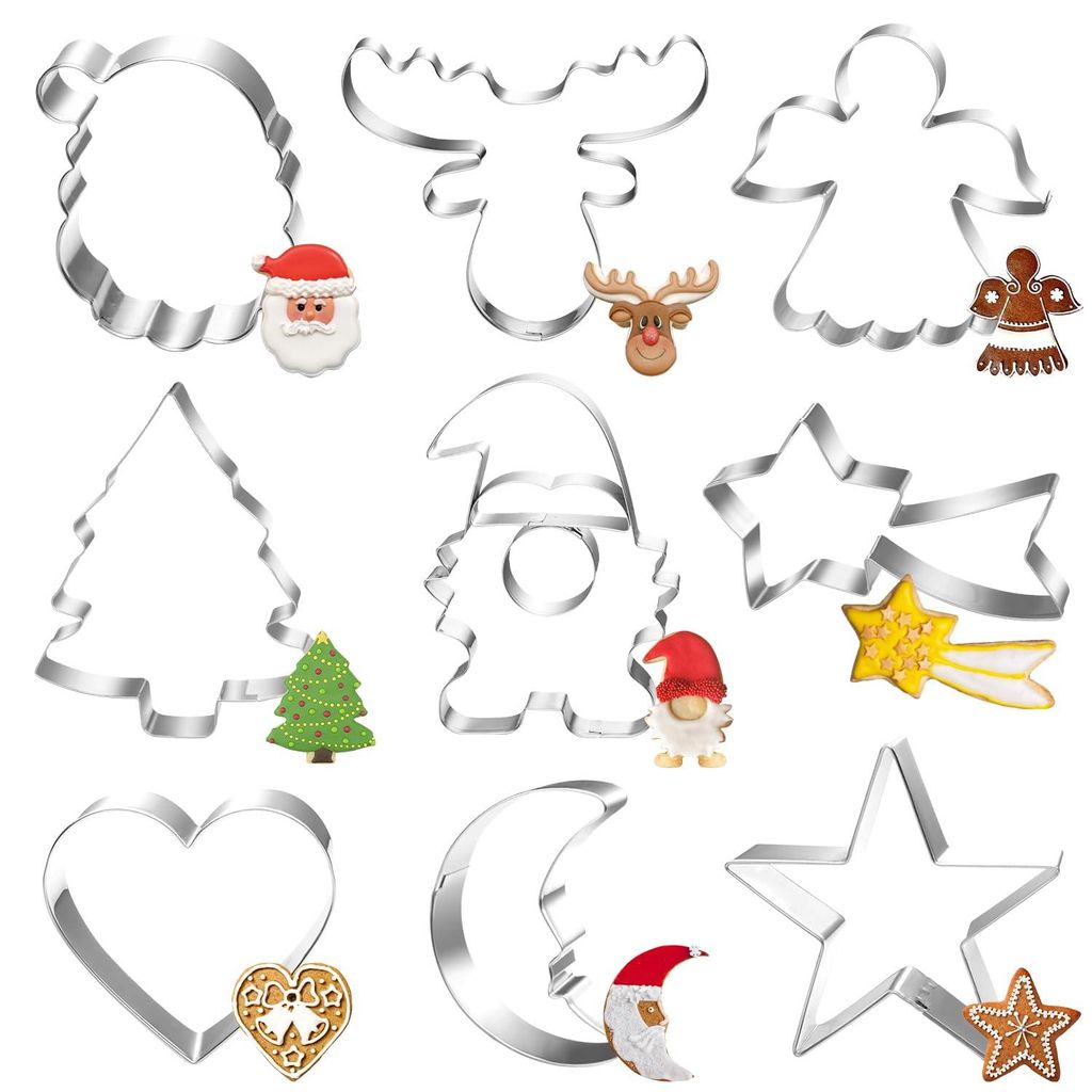 Weihnachtsplätzchenausstecher, 9-teiliges Zwergen-Ausstecher-Set, Weihnachtsbaum-Ausstecher aus Edelstahl, Rentierkopf-Ausstecher, Stern-Aussteche...