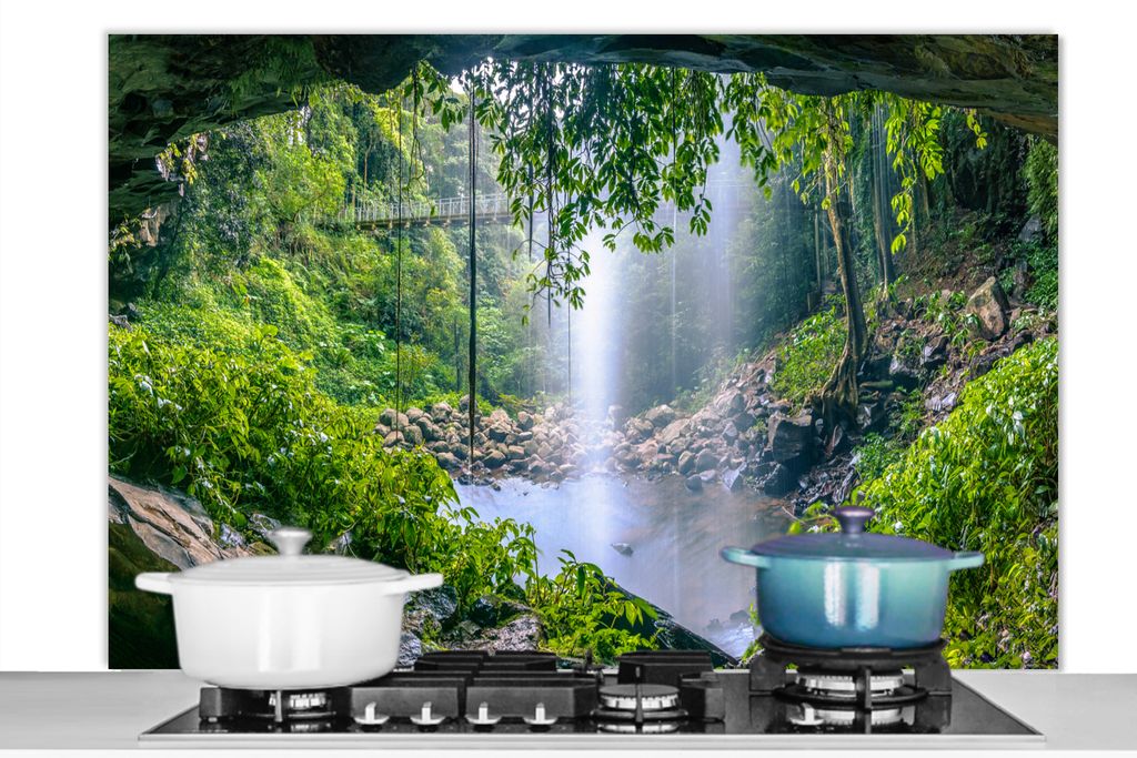 KitchenYeah Spritzschutz Küche - Küchenrückwand - Wandschutz für Herd und Spüle - Dschungel - Regenwald - Wasser - Wasserfall - Pflanzen 120...