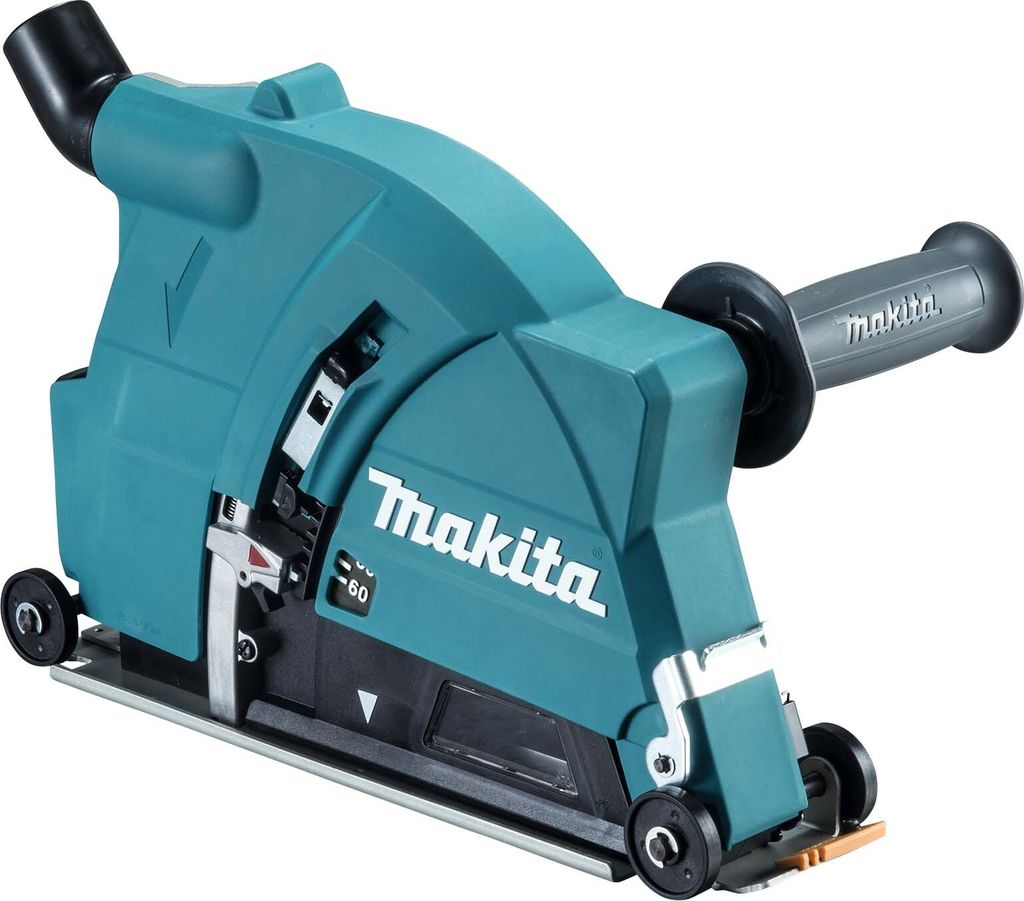 A teal and black Makita dust extraction shroud for a grinder is shown against a white background.