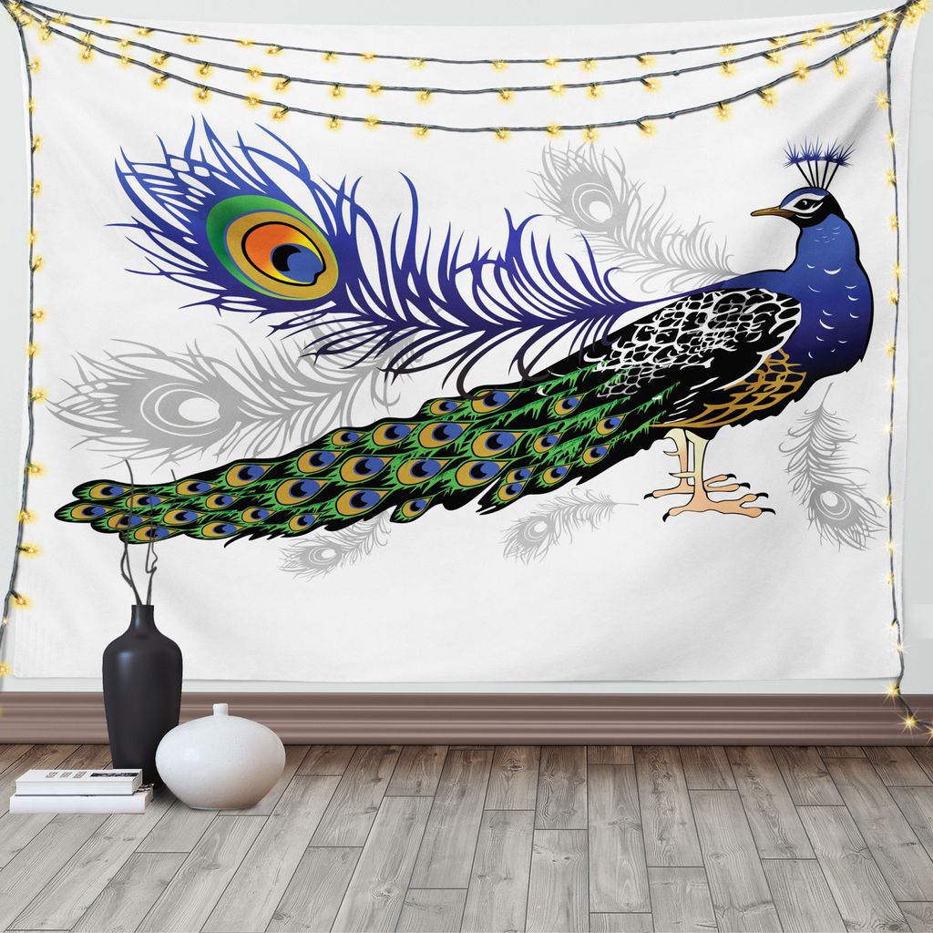 ABAKUHAUS Frühling Wandteppich, Wilde Pfauenfeder, Wohnzimmer Schlafzimmer Wandtuch Seidiges Satin Wandteppich, 150 x 100 cm, Mehrfarbig