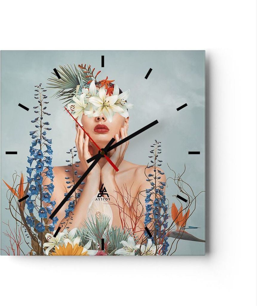 Wanduhr - Quadrat - Glasuhr - Surreal Frau Blumen - 30x30cm - Schleichendes Uhrwerk - Lautlos - zum Aufhängen bereit - Dekoration Modern - Wanddek...
