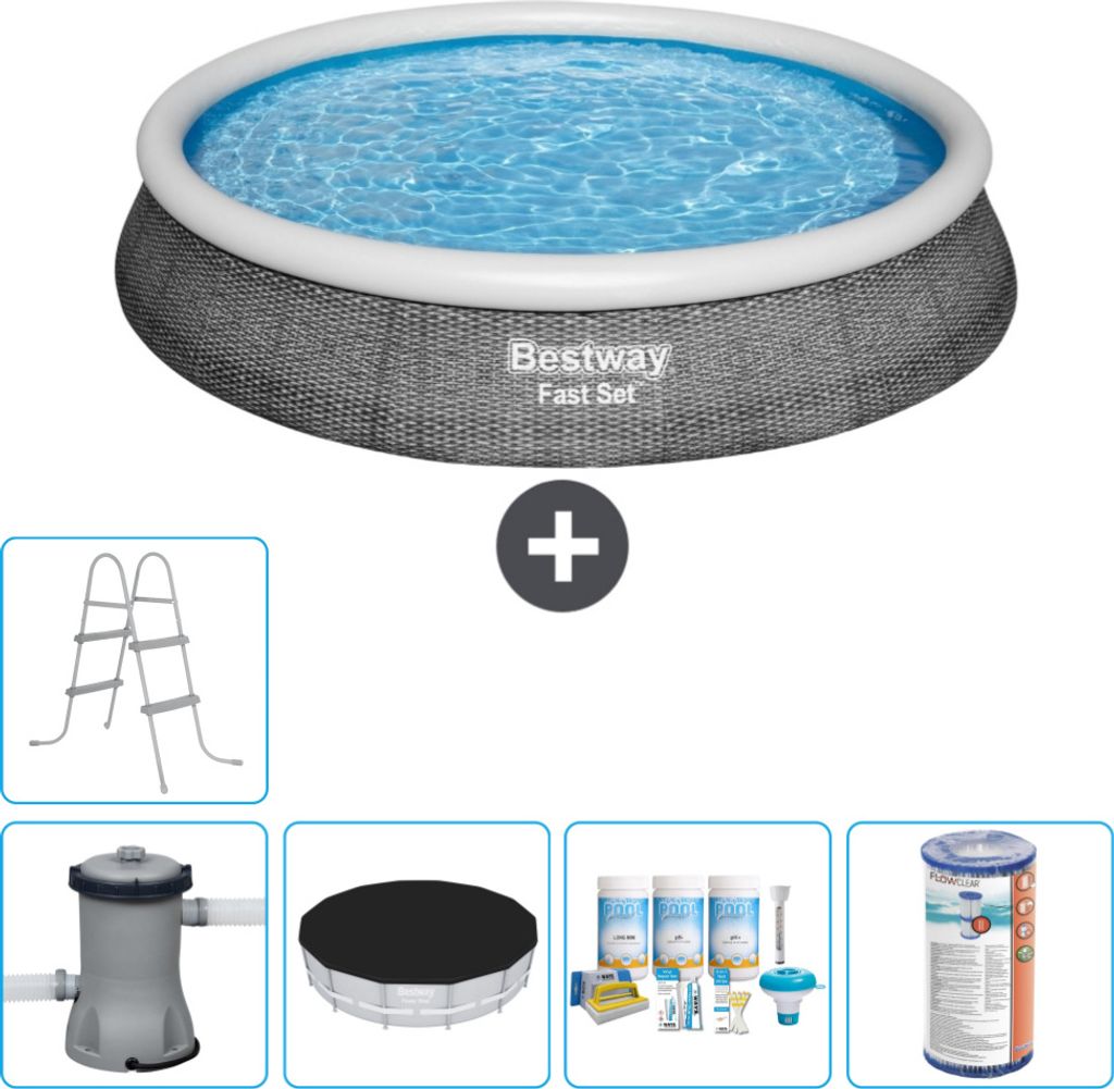 Bestway runder aufblasbarer Fast-Set-Pool – Rattan-Druck – 396 x 84 cm – inklusive Pumpe Abdeckung - Wartungspaket - Filter - Leiter