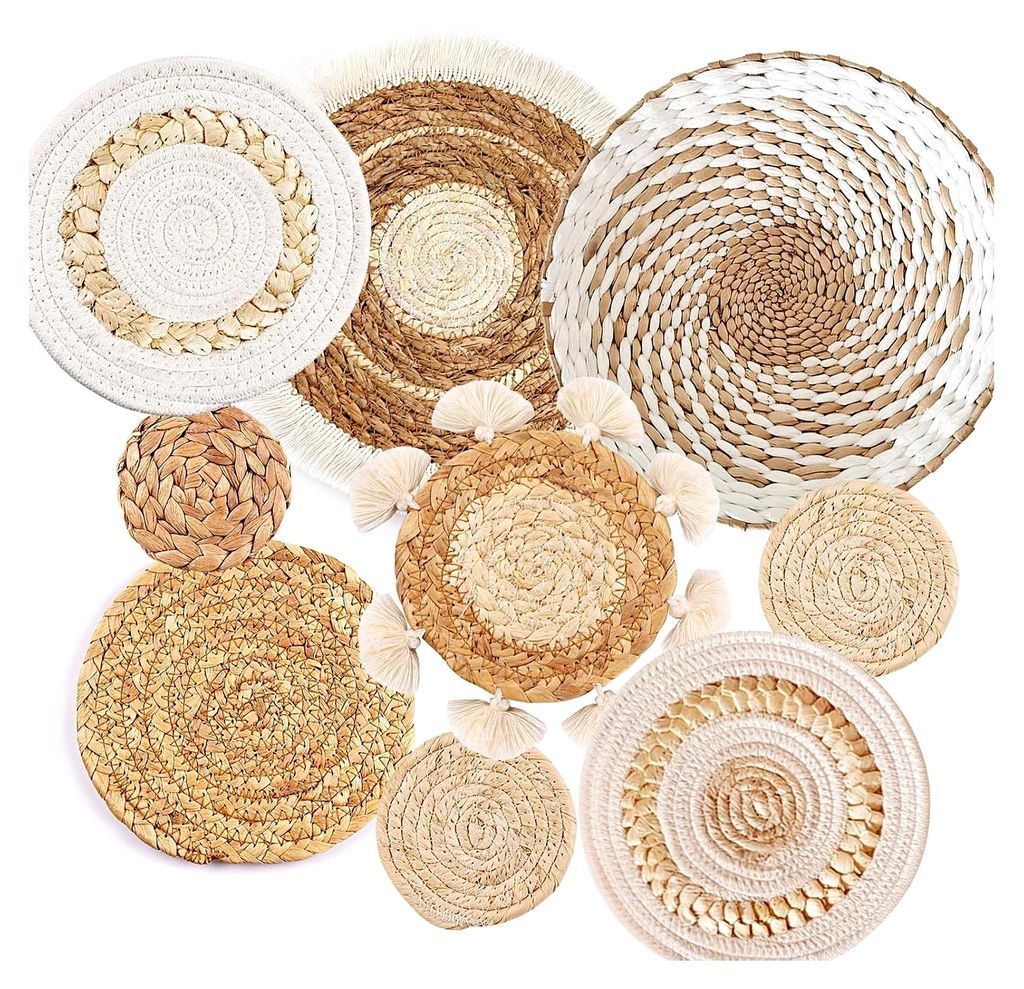 9-teiliges Boho-Wandkorb-Set, gewebte Wandkorbdekoration aus Seegras und Rattan, runde Wandkunst für Bauernhaus, Schlafzimmer, Wohnzimmer, Ausstel...