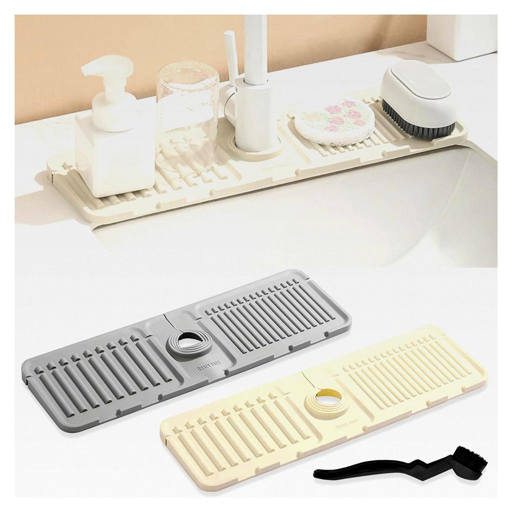 2 Stück Silikon Abtropfmatte für Wasserhahn, Spritzschutzmatte für Spüle, Klappbare Spülmatte mit Bürsten, Silikonmatte für Waschbecken in K...