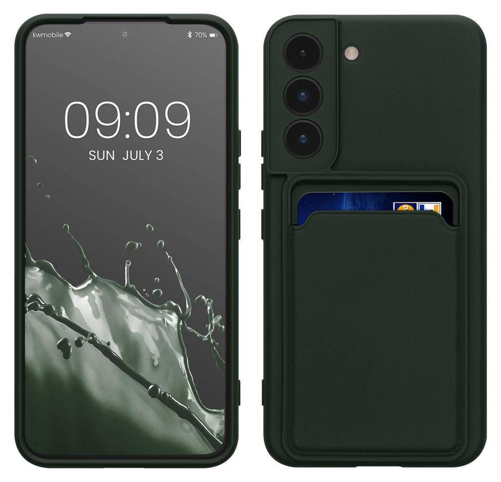 kwmobile Handyhülle für Samsung Galaxy S22 Hülle mit Kartenfach - TPU Case - Kabelloses Laden - Schutzhülle Cover in Dunkelgrün