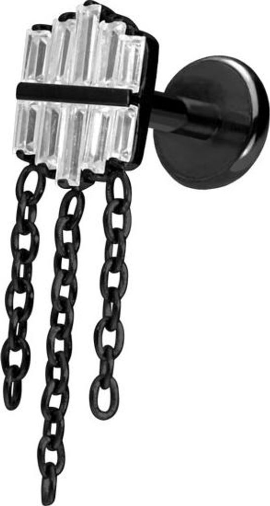 Ohrpiercing, Nasenpiercing Titan Labret mit Push Fit KRISTALLSCHILD + 3 KETTEN Schwarz Stablänge: 6mm | Stabstärke: 1mm