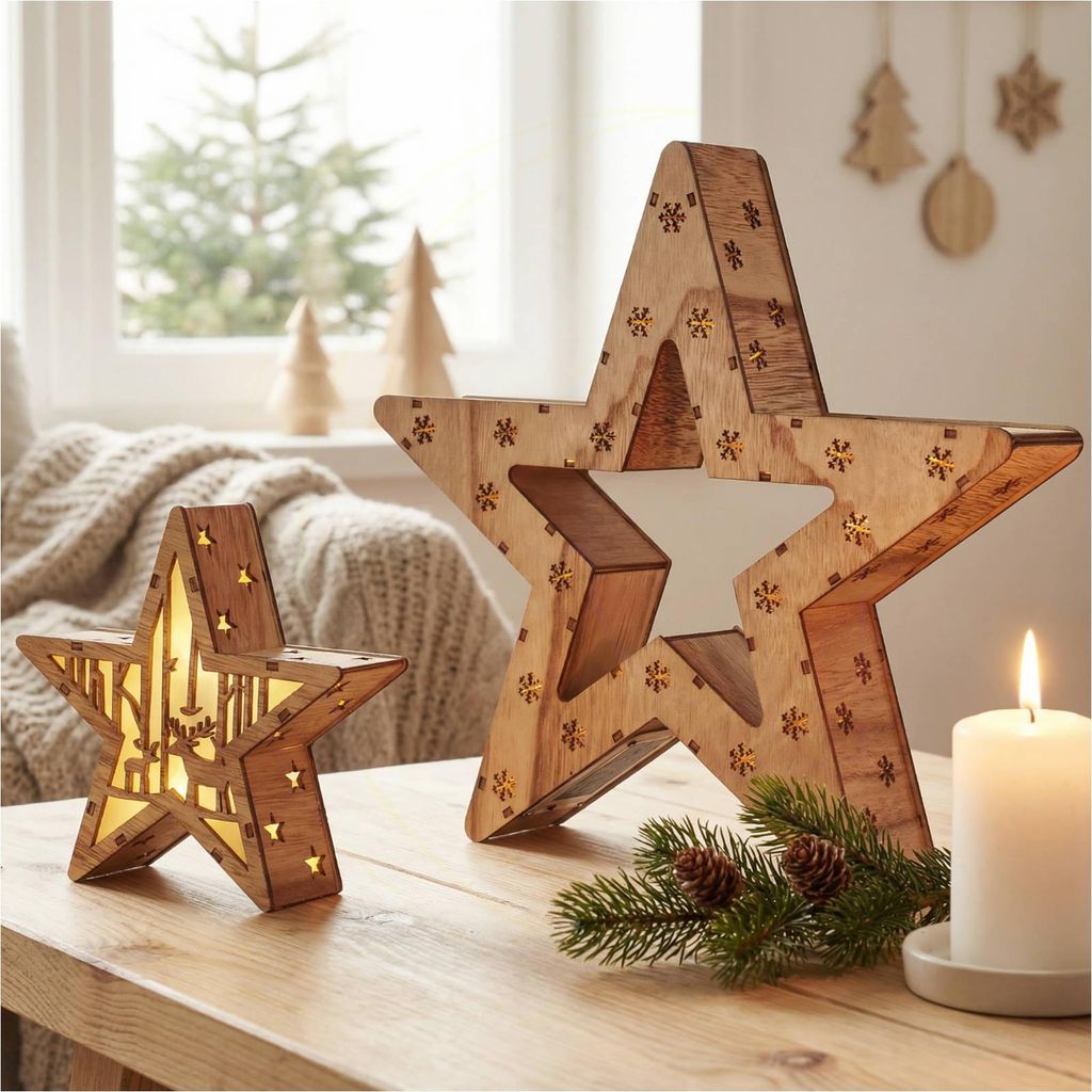 Zwei LED Holzsterne 16 LED Weihnachtsstern Deko