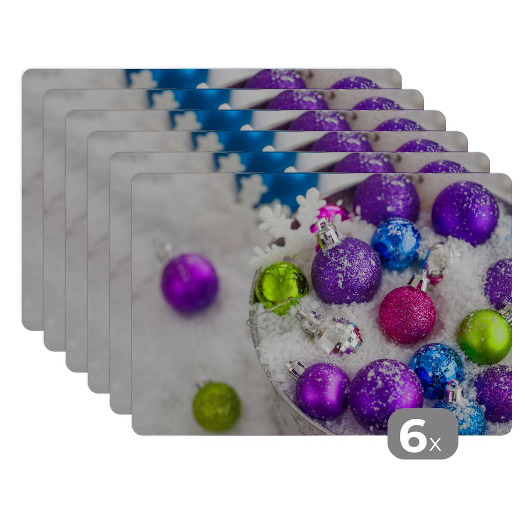 KitchenYeah Platzsets 6er Set Tischset abwaschbar Platzdecken 45x30 cm Weihnachtskugeln im Schneekübel - Tischmatte Platzmatte Untersetzer ruts...