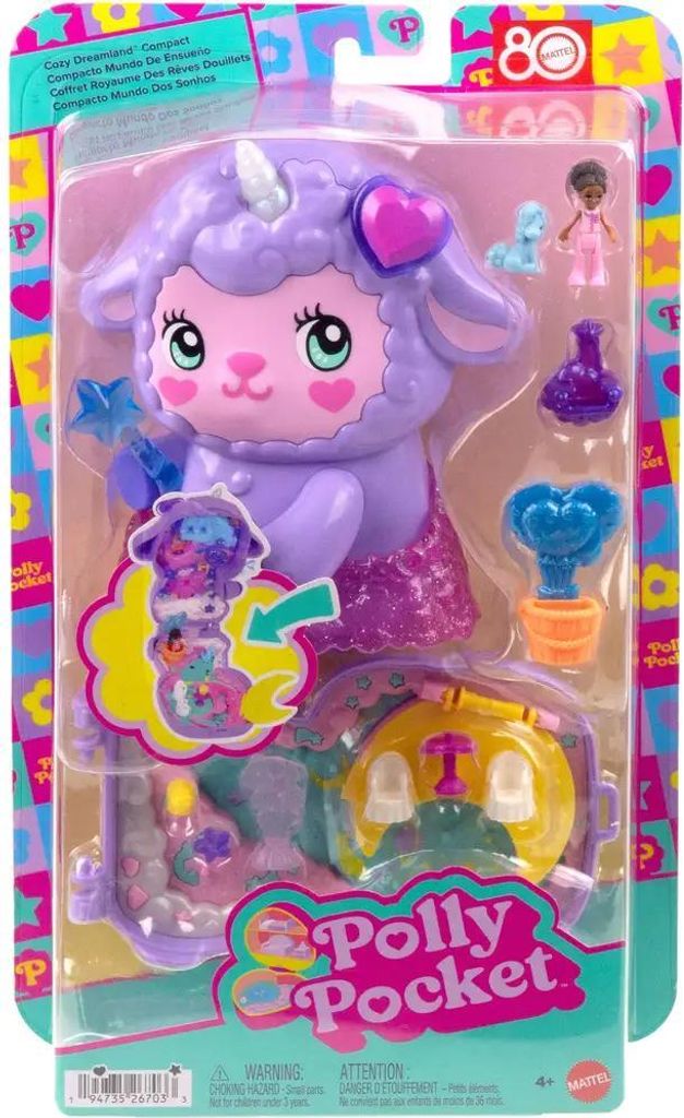 Mattel Polly Pocket Traumland-Schatulle in zauberhafter Lammform mit 1 Minipuppe und Haustier-Einhorn, Reisespielzeug mit Futte