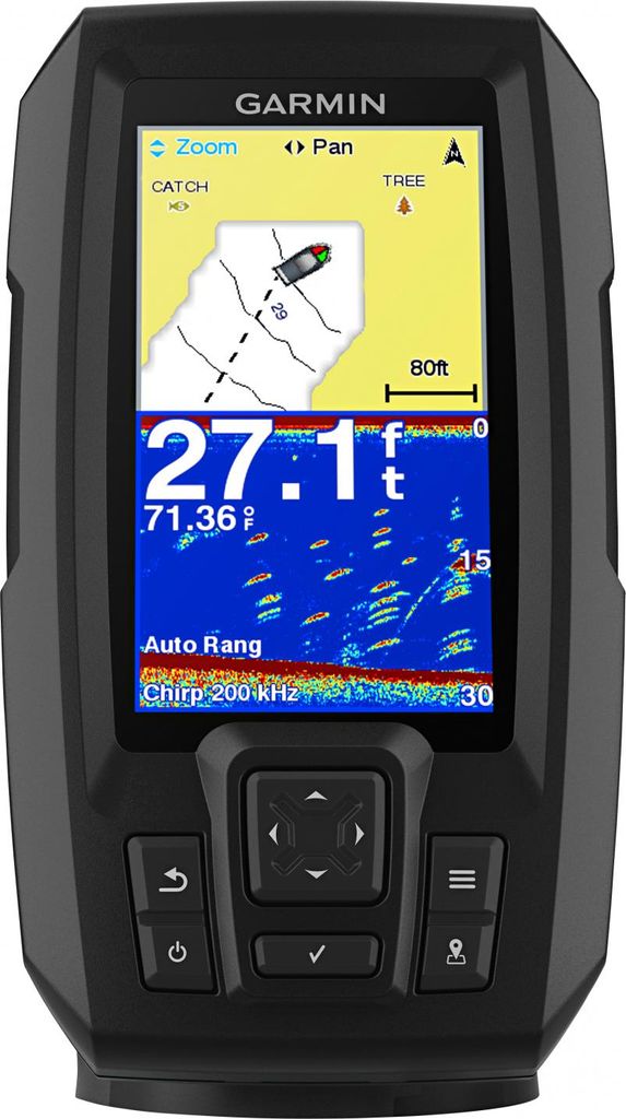 A Garmin fishfinder device displaying navigation and sonar information.