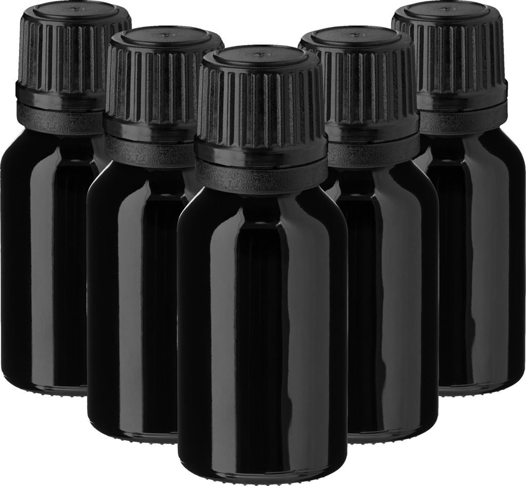 5x Schwarze Glasflasche 15 ml mit schwarzem Tropfer Tropfeinsatz leer