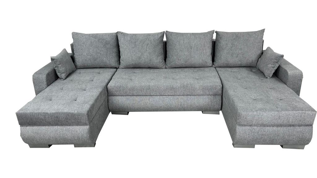 A U-shaped sectional sofa with multiple cushions, shown from the front on a white background.
