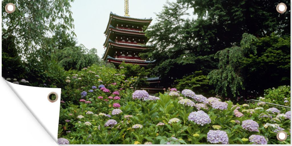 MuchoWow 80x40 cm Outdoor-Poster Gartendeko Sichtschutz Garten Poster für den Garten Japanischer Garten mit Hortensien