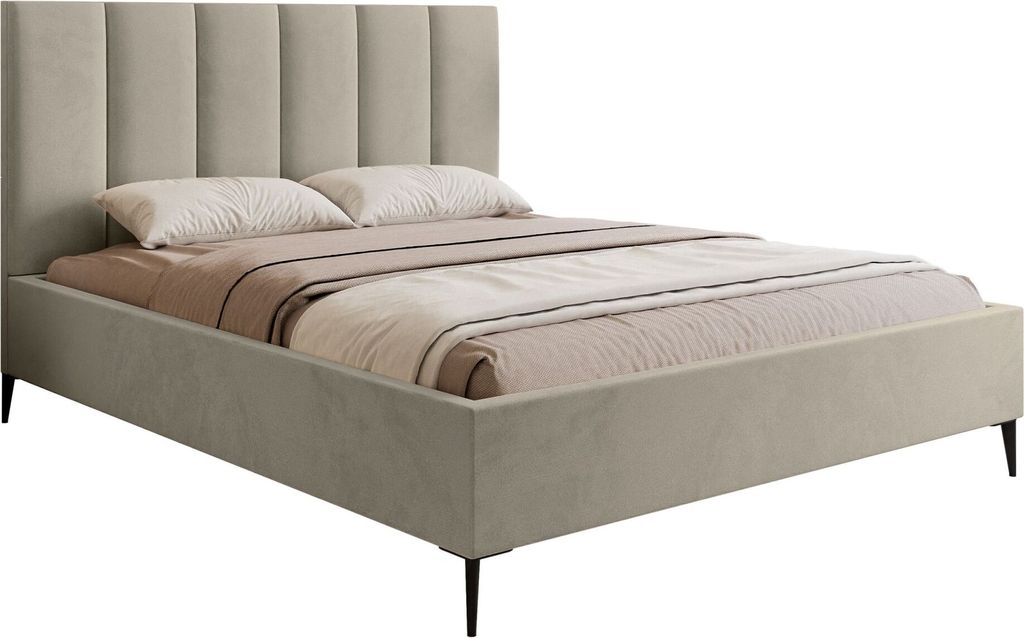 Selsey Masego – Polsterbett 140x200 cm, mit Bettkasten, Veloursbezug und Metallbeinen, Hellbeige