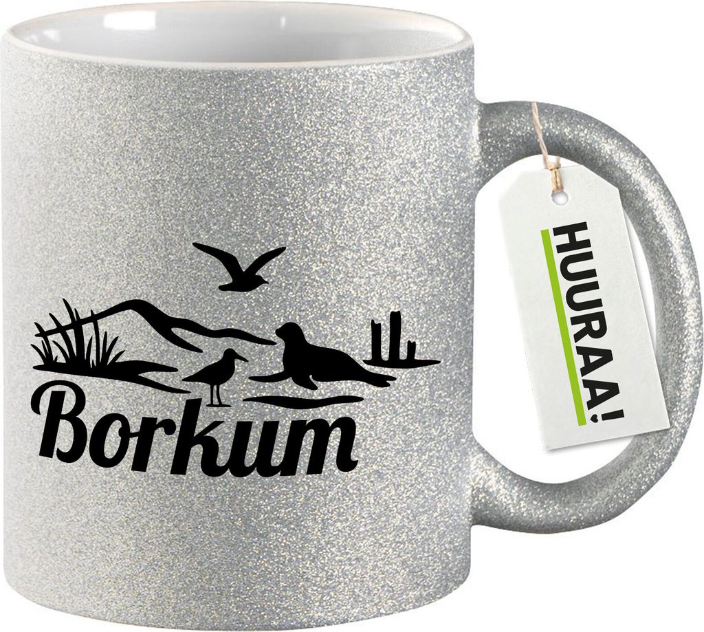 Huuraa Glitzertasse Borkum Strandmotiv 330ml Silber Keramik Kaffeebecher Geschenkidee