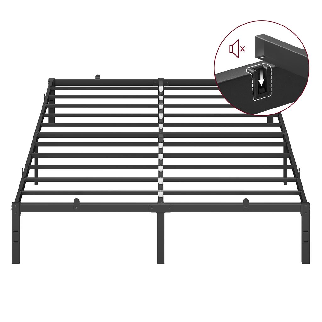 A black metal bed frame is shown against a white background. A circular inset in the top right corner shows a close-up of a joint with a sound icon and an arrow indicating assembly.