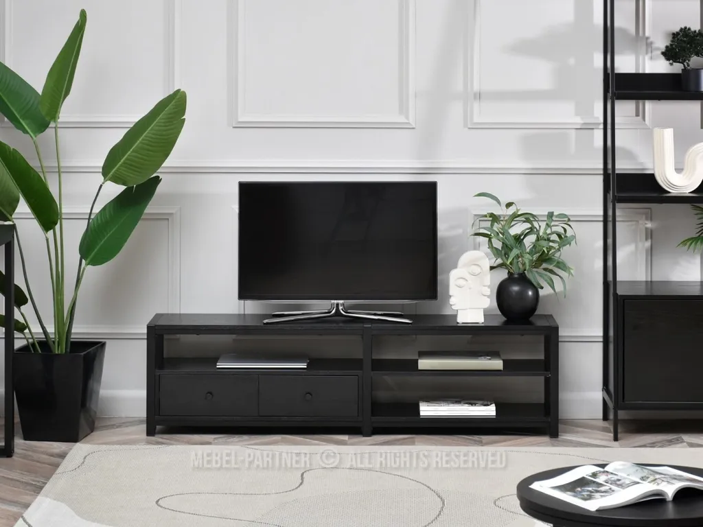Meuble TV ROMER Noir - Solution Anti-Câbles pour un Salon Toujours Net