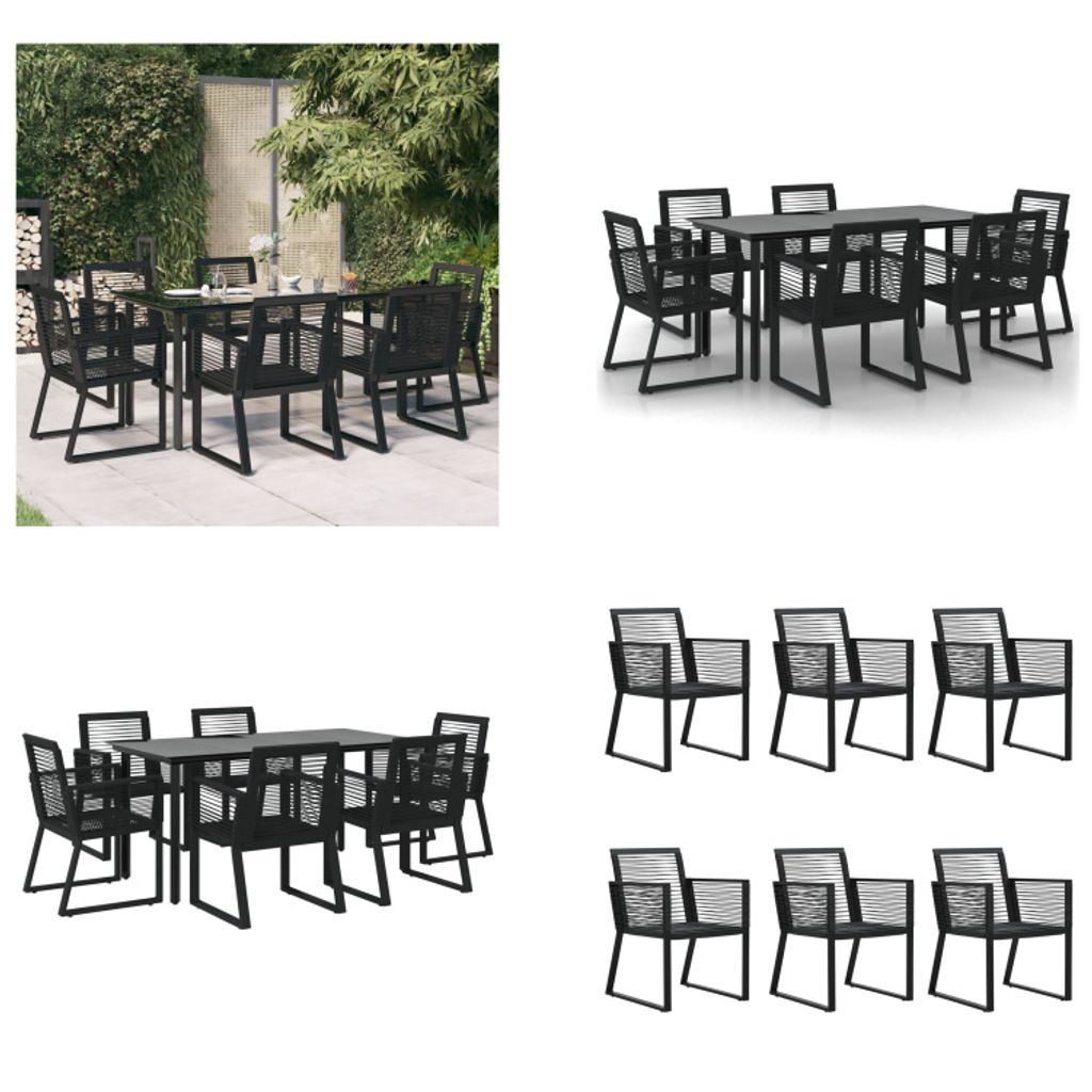vidaXL 7 tlg. Garten Essgruppe Schwarz PVC Rattan - Garten-Essgarnitur - Garten-Essgarnituren - Essgarnitur - Gartenmöbelset
