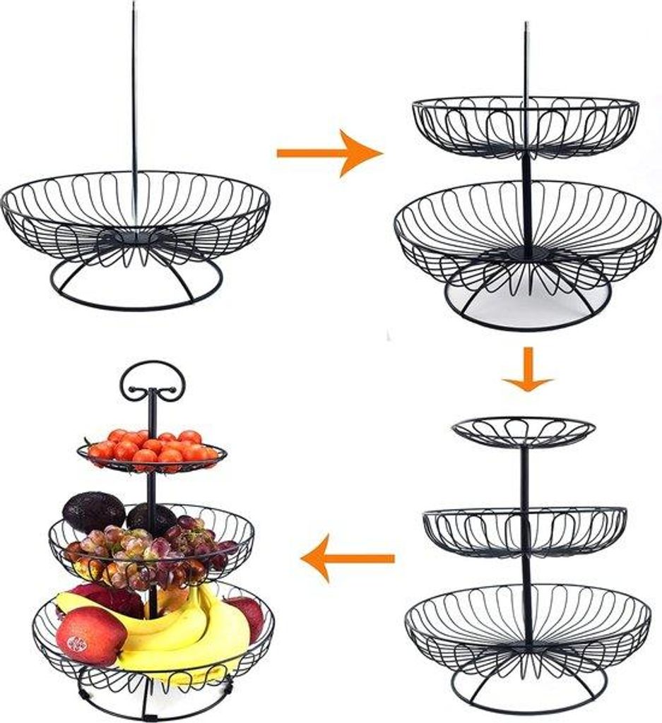 Metallischer Obststand mit 3 Ebenen - Drahtaufnahmegerüst für Obst, Kuchen und Snacks - Schwarz