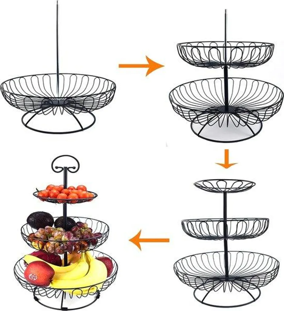 Présentoir à fruits 3 niveaux en métal noir pour cuisine et snacks