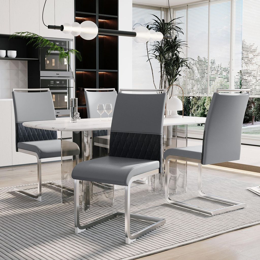 Fortuna Lai Moderne Esszimmerstühle 4er Set, Rücklehne aus PolyurethanKunstleder und Leinen, hoher Rücken gepolstert Side Chair, Querstreifen R...