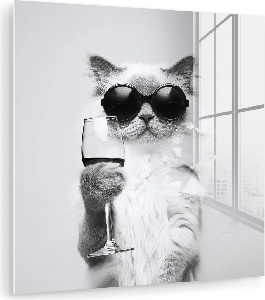 MuchoWow Glasbilder - Bilder auf Wandbild - Foto auf Glas Katze - Sonnenbrille - Weinglas - Langhaarig 20x20 cm Wanddekoration aus Glas - Acrylglas...