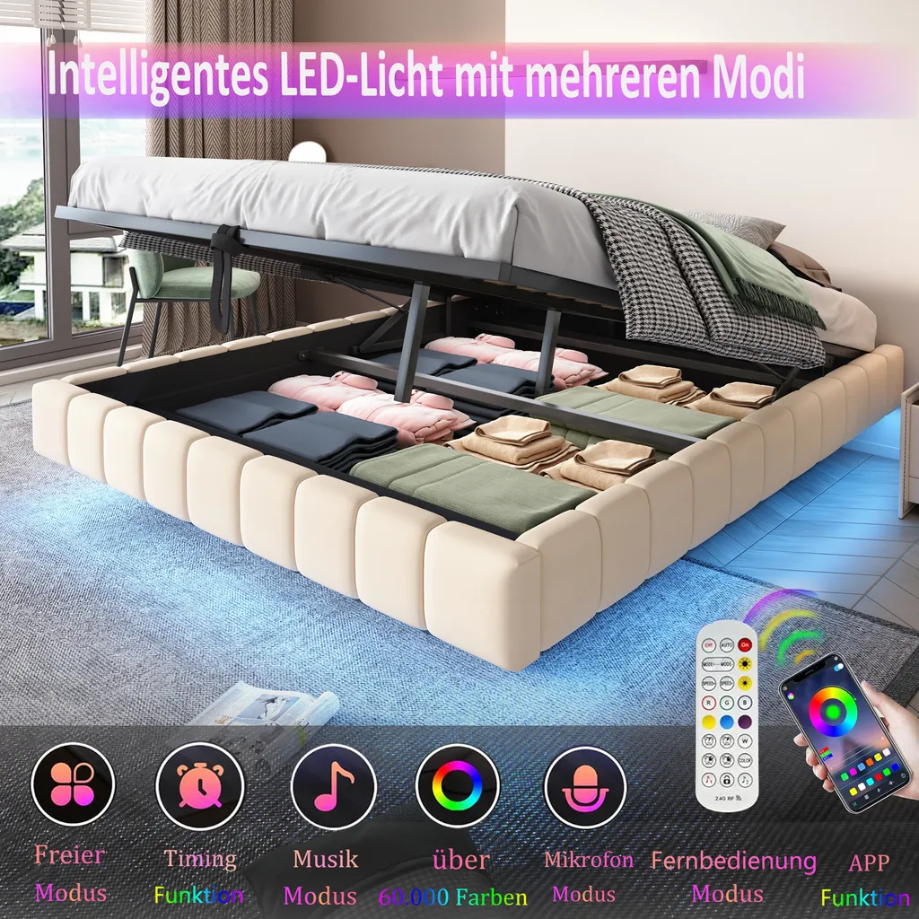 Lit coffre 140x200cm avec sommier relevable et éclairage LED intégré