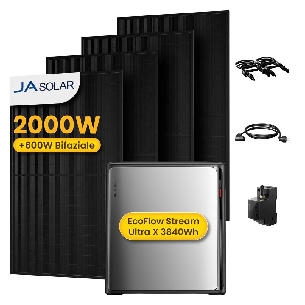 Powerness Balkonkraftwerk Mit Speicher, EcoFlow STREAM Ultra X 3,84 kWh Speicher Mit 4x 500W JA Solar Bifacial Glas-Glas Modulen & EcoFlow Smart M...