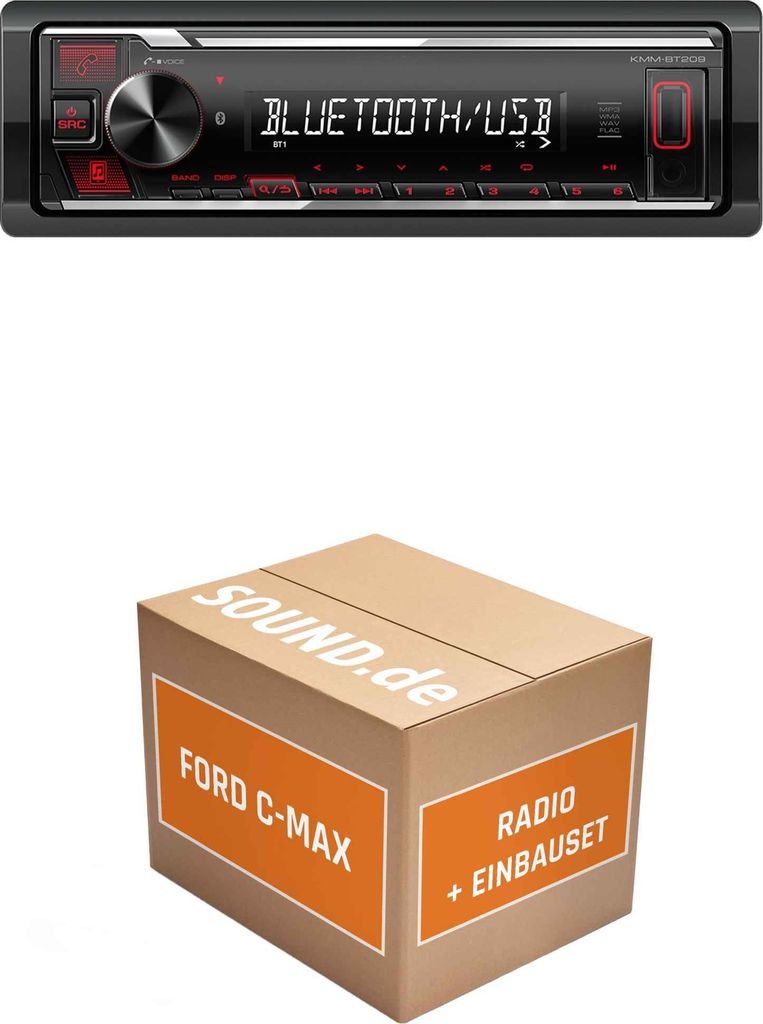 Autoradio Einbaupaket Kenwood KMM-BT209 passend für Ford C-MAX + Lenkradfernbedienung Schwarz | Bluetooth USB Telefonieren