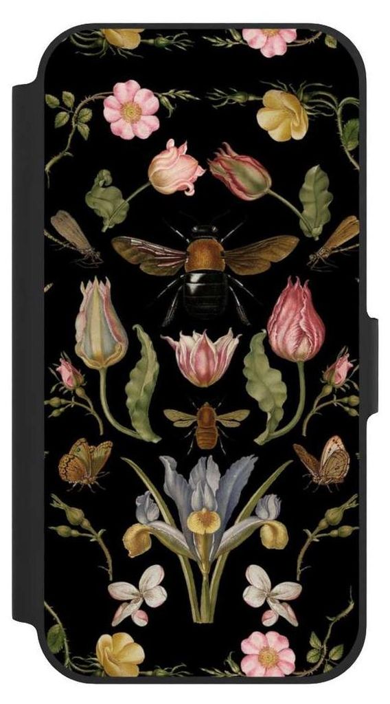NIVOCASE Klapphülle für Apple iPhone 12 Handyhülle aus Kunst Leder NIVOflip schwarz Biene Blumenkranz Blüte