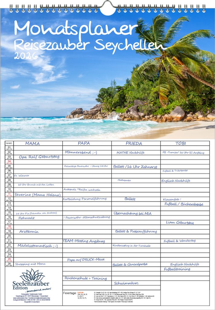 Reisezauber Seychellen Planer Familienplaner 4 Spaltenplaner DIN A3 Kalender für 2026 Urlaub Reise Strand Meer - Seelenzauber