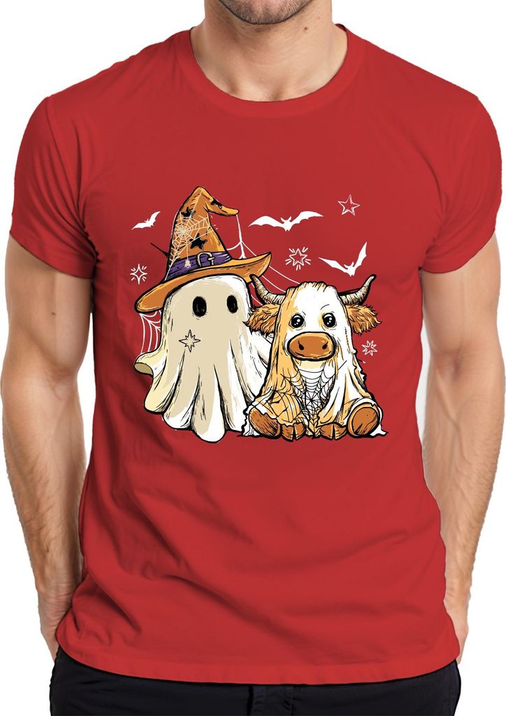 Halloween Kuh Geist süßes Kostüm Spinnennetz Hexenhut Cartoon Herren T-Shirt, Rot, L