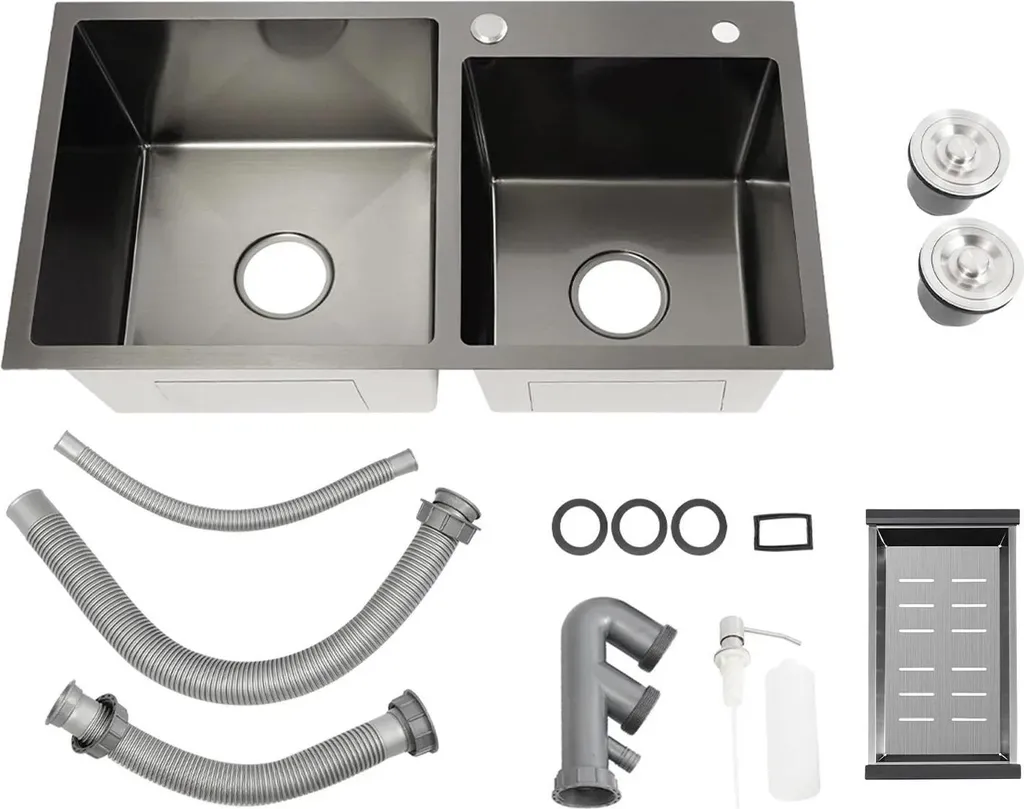 Évier sous plan double bac avec distributeur de savon, Noir Gris 80cm
