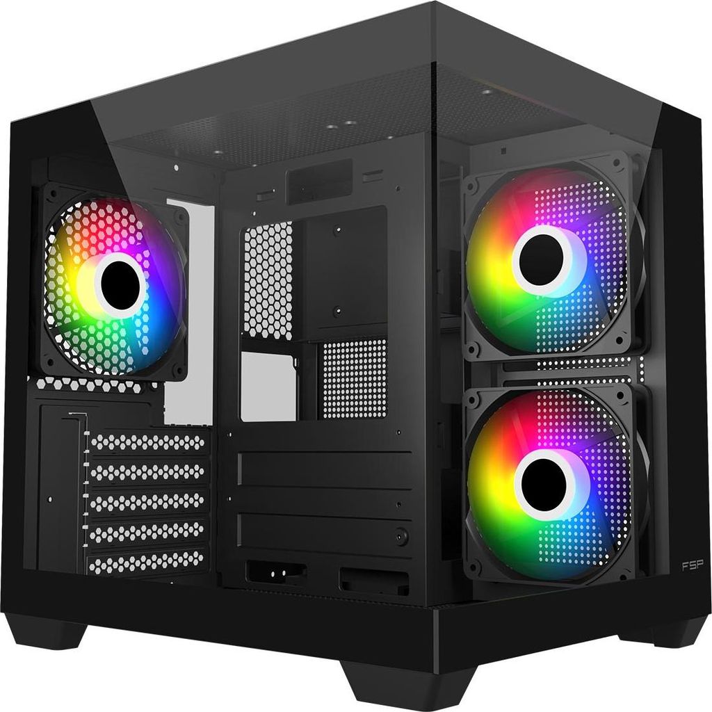 A black computer tower case with tempered glass panels and RGB fans.