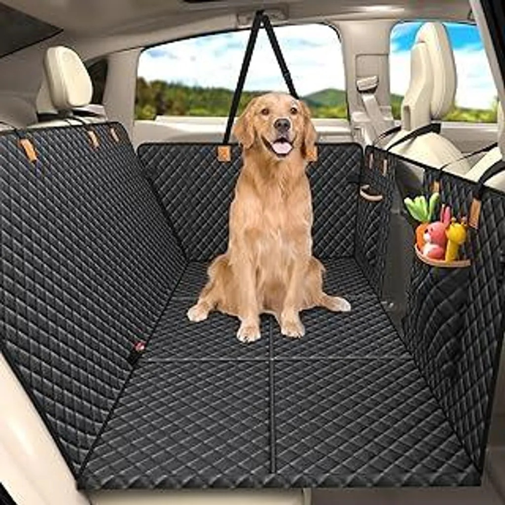 Copertura per cani per sedile posteriore dell'auto - Copertura per cani per sedile posteriore dell'auto con sei robusti pannelli in legno massello e cinture di sicurezza - Impermeabile, resistente ai graffi e antiscivolo Tappetino per cani per SUV, camion, nero