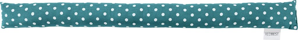 A long, cylindrical draft stopper with a teal background and white polka dots, lying horizontally on a white background.