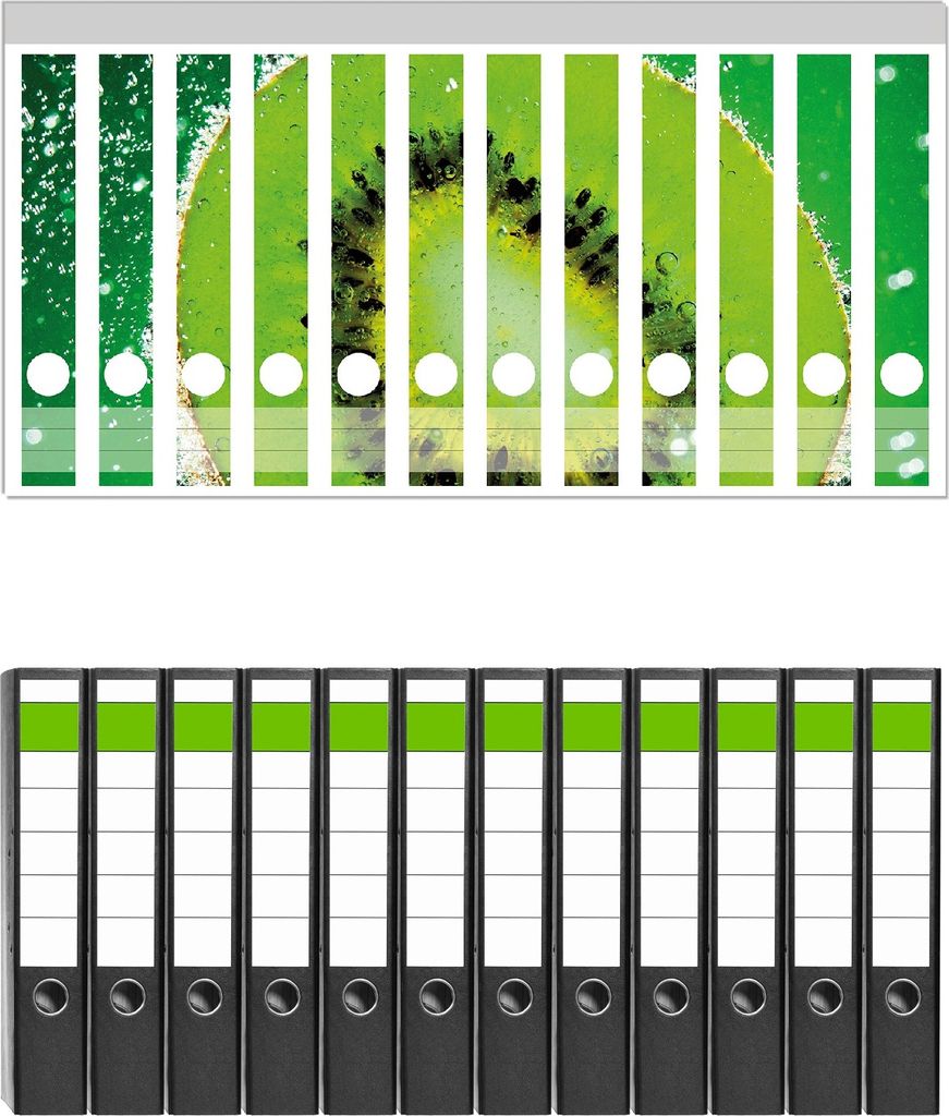Wallario 12 Stück schmale Ordner inkl. Klebeetiketten mit Motive Grüne Kiwi-Scheibe im Wasser - Set mit Rückenschildern / Ordnerrücken Stickern