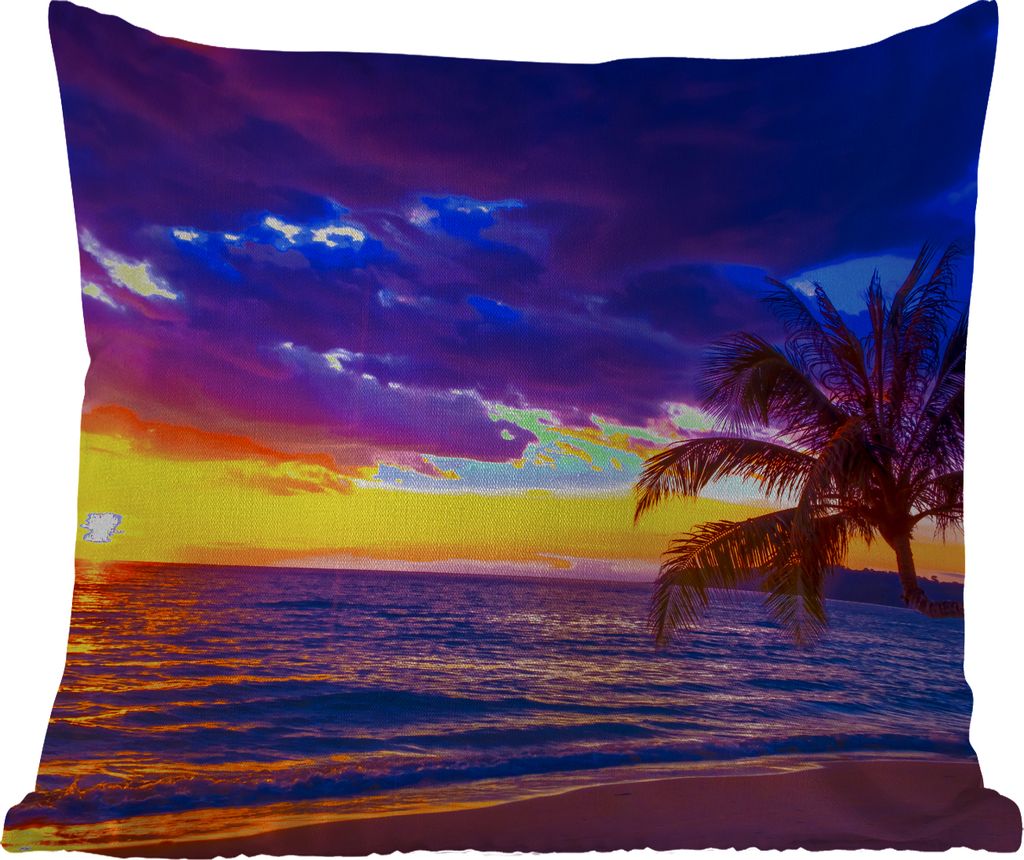 MuchoWow Outdoor Kissen - Palme - Lila - Sonnenuntergang - Strand - Meer - 50x50 cm - Wetterfest - Lounge Kissen - Komfortabel - Kissen mit Bild