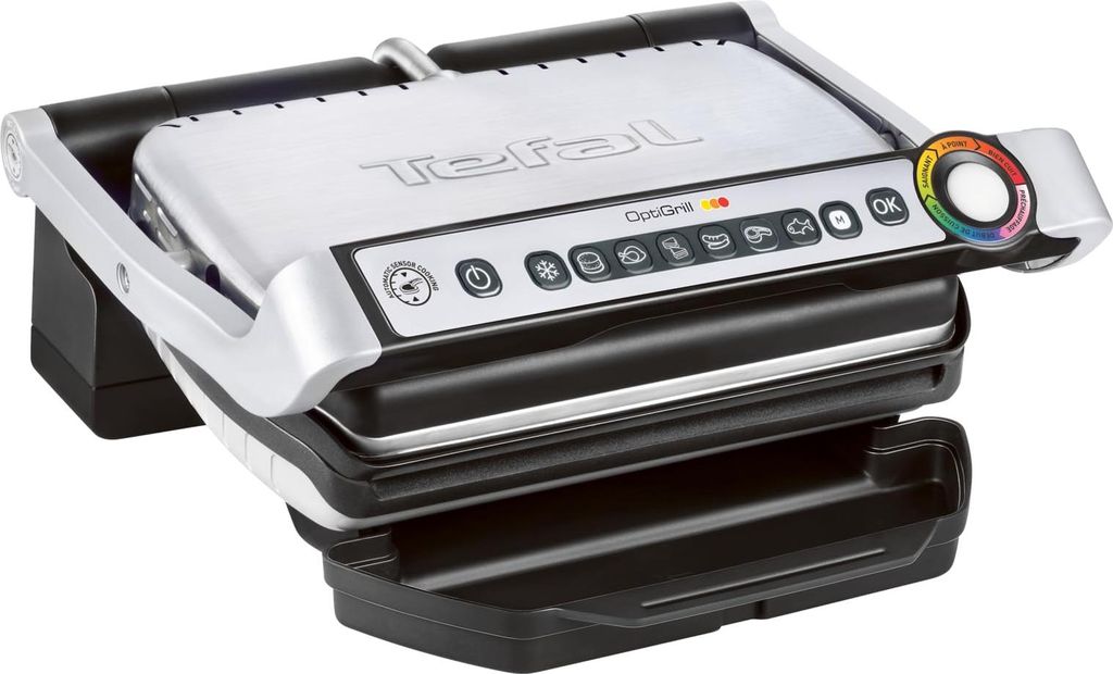 A close-up, studio shot of a Tefal OptiGrill contact grill.
