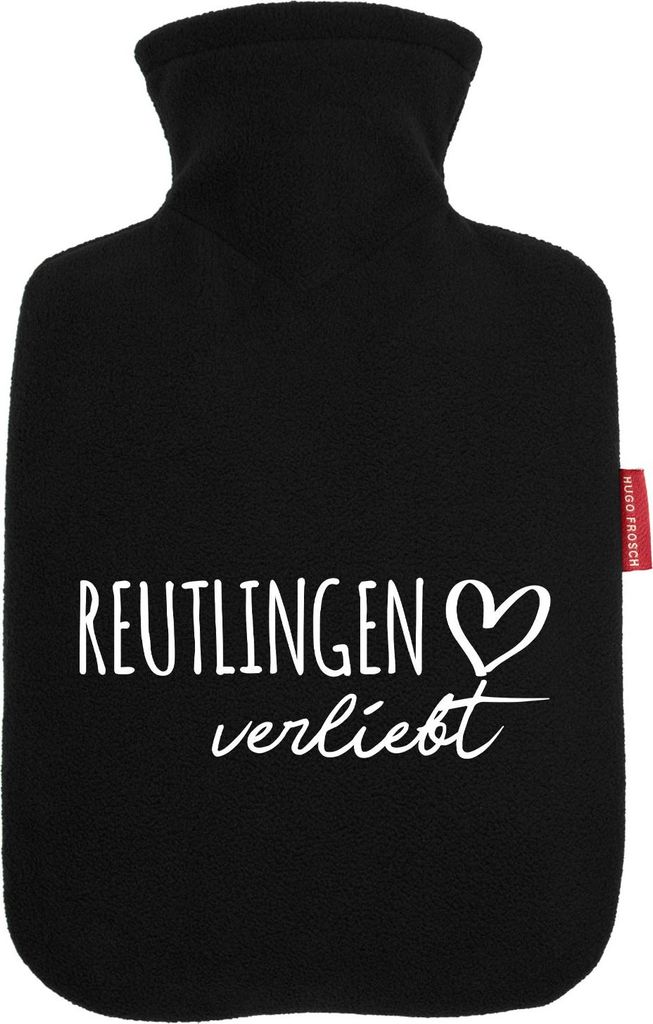 Huuraa Wärmflasche Reutlingen verliebt 1,8 Liter Black Classic Veloursbezug Bettflasche Geschenkidee