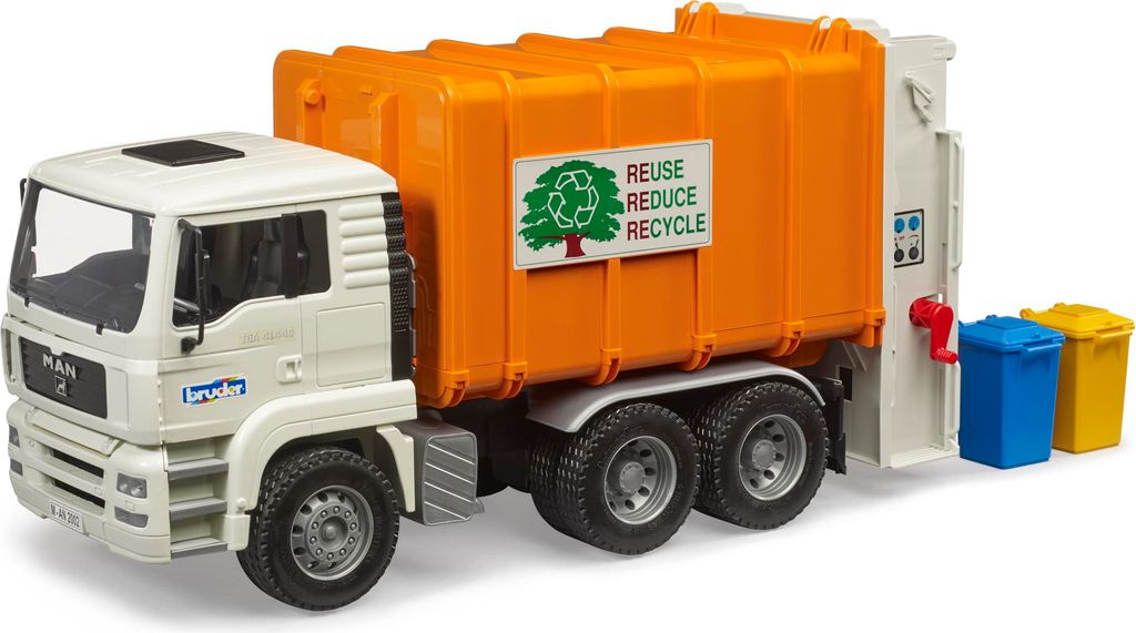 bruder 02772 MAN TGA Müll-LKW Hecklader und 2 Mülltonnen Produktbild 