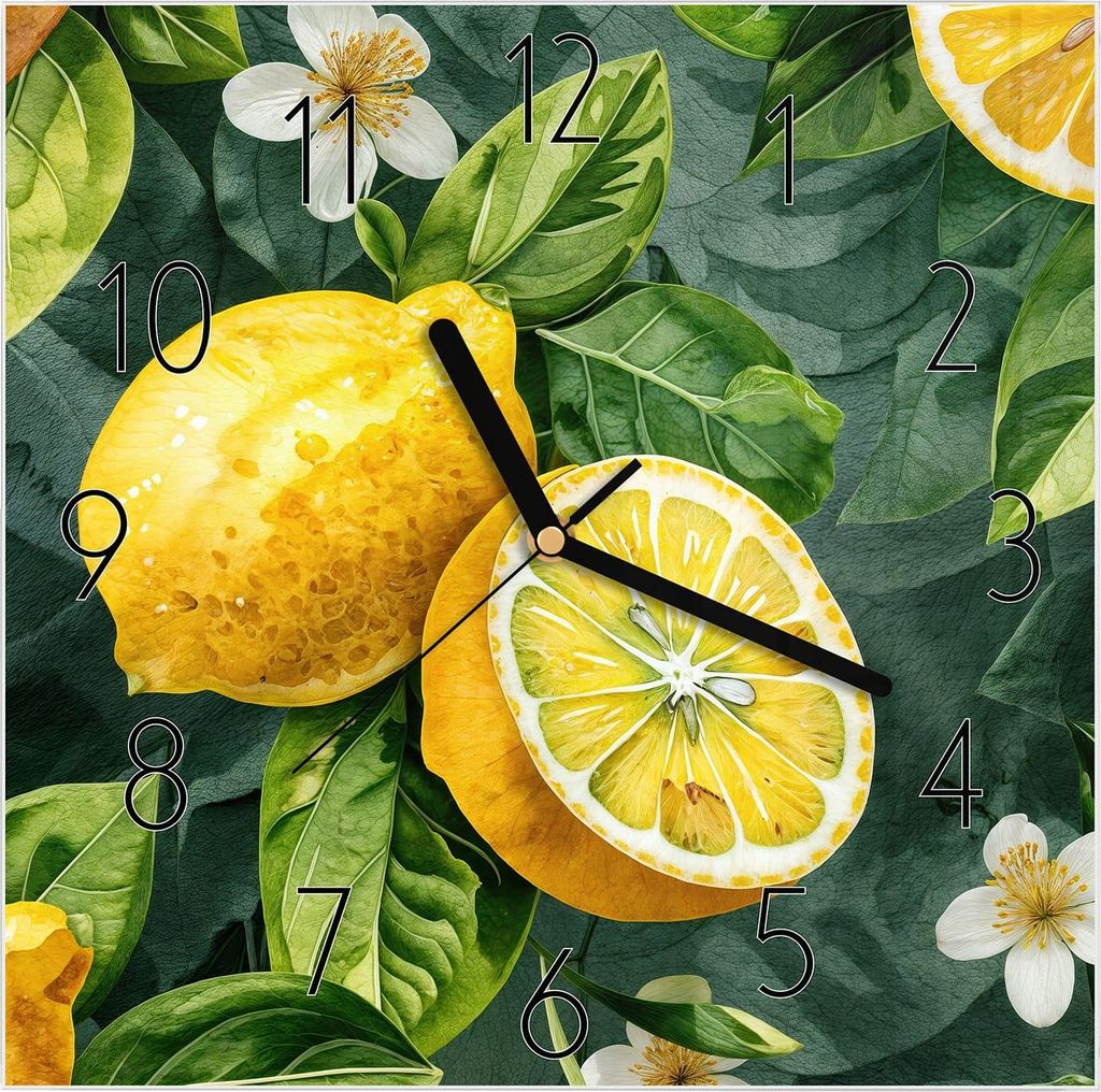 Wanduhr aus Glas mit Motiv Zitronenmuster- 30 x 30 cm - inkl. Aufhängesystem