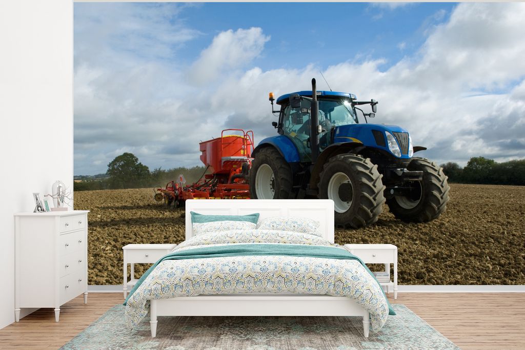MuchoWow Fototapete für Wohnzimmer oder Schlafzimmer Wandtapete Vinyl Motivtapete Traktor - Blau - Landleben - Wolken - 375x280 cm - Schlafzimme...