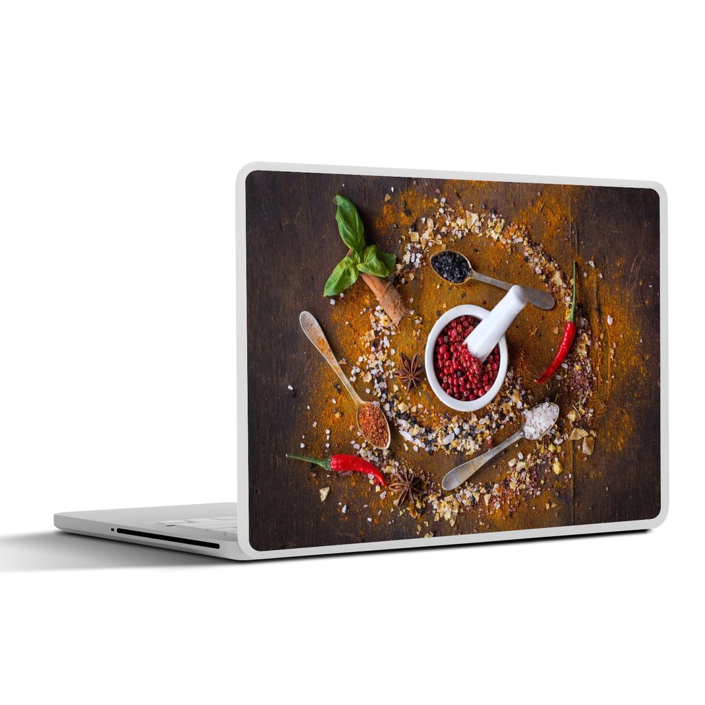 MuchoWow Laptop Aufkleber Sticker Cover Mörser - Kräuter - Löffel - Gewürze - Braun - Pfeffer 30x22 cm - Laptop-Sticker