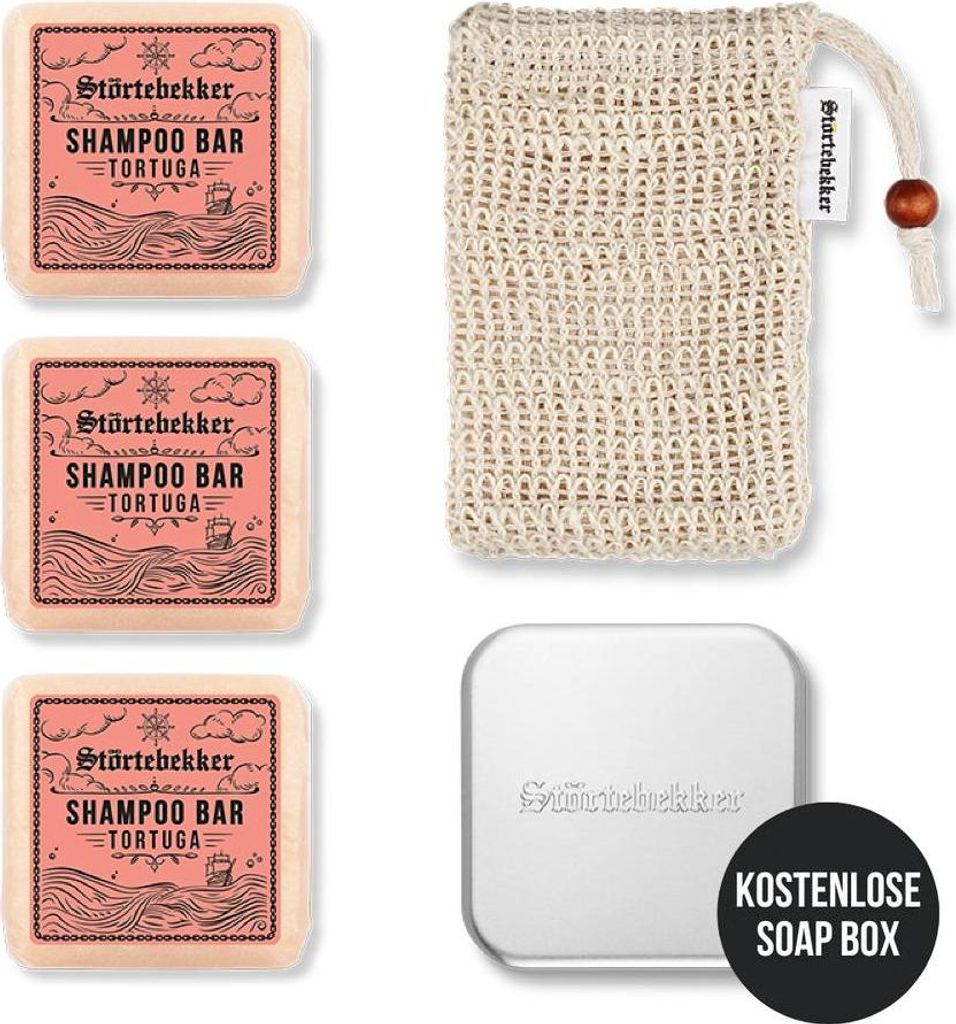 Störtebekker Duschset - 3 x festes Shampoo (Tortuga), Sisalsäckchen und GRATIS Seifendose - für die tägliche Pflege - Haar, Körper & Gesicht