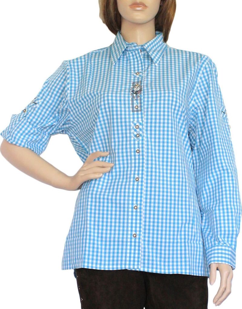 Trachtenbluse Damen Trachten lederhosen-bluse Trachtenmode türkis kariert OB5-türkis, Größe:44