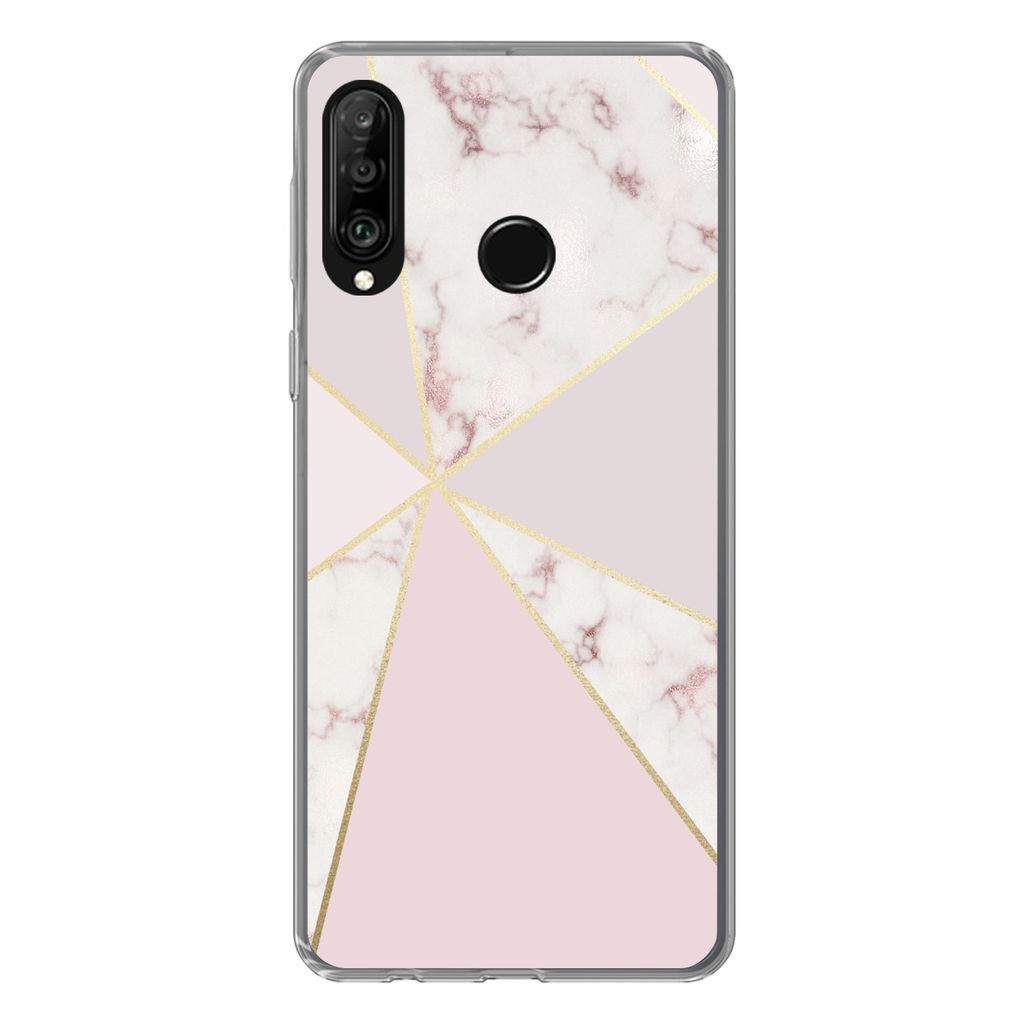 MuchoWow Handyhülle Schutzhülle Hülle für Huawei P30 Lite Marmor - Gold - Rosa Silikon Softcase Handy Hülle - Handyhülle