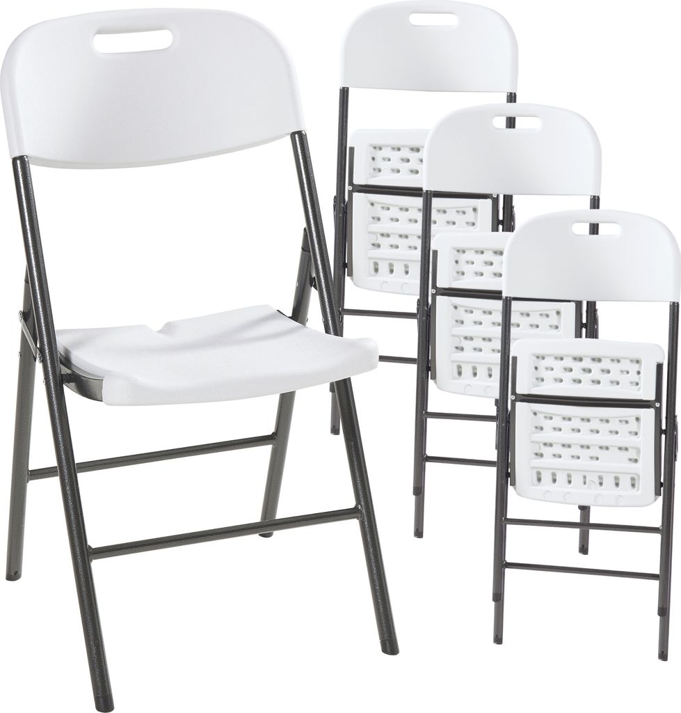 Four white folding chairs are arranged in a staggered formation against a white background.