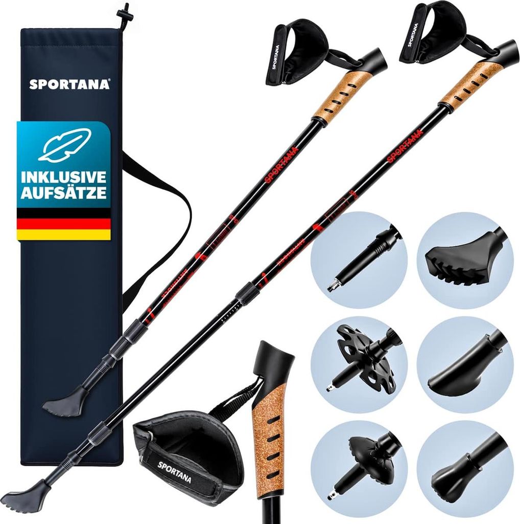 SPORTANA Wanderstöcke Teleskop mit Aufsätze Gummipuffer Tasche Nordic Walking Stöcke Verstellbar 68-135cm Dämpfung Leicht Herren Damen Trekki...